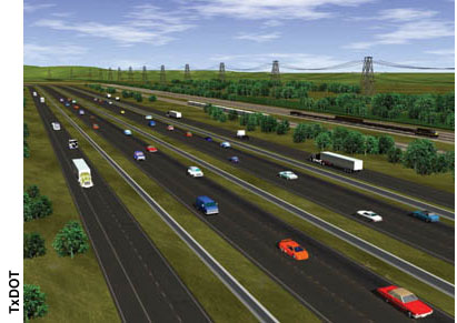 The concept for the Trans-Texas Corridor, shown here in an artist's rendering, calls for separate lanes for cars and trucks; rail with separate lines for passenger, high-speed freight, and commuter traffic; and a utility zone.