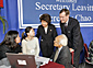 ALT="Secretary Chao and Secretary Mike Leavitt at a Prescription Drug Benefit event at Temple University."