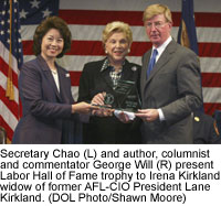 Secretary Chao (L) and author, columnist and commentator George Will (R) present Labor Hall of Fame trophy to Irena Kirkland, widow of former AFL-CIO President Lane Kirkland. (DOL Photo/Shawn Moore)