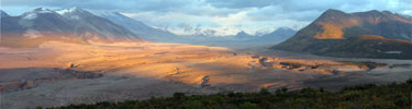 Panoramic image of the Valley of Ten Thousand Smokes at Sunset in June