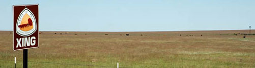 A highway sign marks location of Santa Fe Trail crossing on the open plains