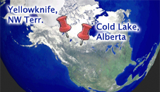 Locator map of Cold Lake and Yellowknife in Canada