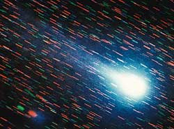 The space probe Giotto passed near Halley's Comet on March 14, 1986. Giotto returned dramatic close-up images of the comet, including this one.