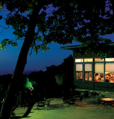 A photo of Skyland Dining Hall taken in the twilight.