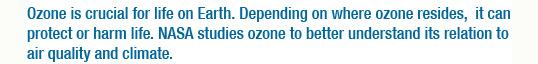 Ozone is crucial for life on Earth. Depending on where ozone resides, it can protect or harm life. NASA studies ozone to better understand its relation to air quality and climate.