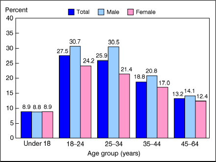 Figure 4 is a bar chart showing lack of health insurance among persons under 65 by age and sex for 2007.