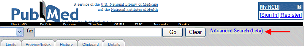 PubMed homepage with Advanced Search (beta) link.