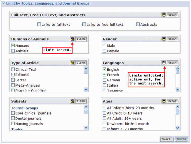 Limit by Topics, Language, and Journal Groups section showing lock/unlock option.
