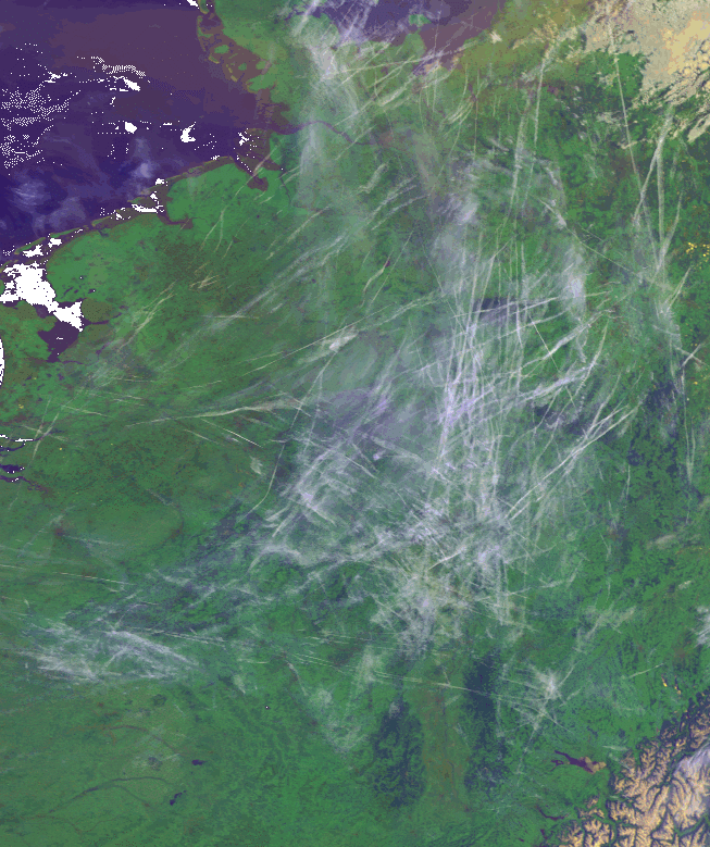 Image of Europe showing the large amount of contrails.