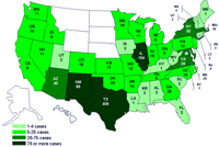 Cases infected with the outbreak strain of Salmonella Saintpaul, United States, by state, as of July 9, 2008 9pm EDT