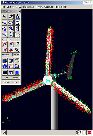 Computer screen shot of ADAMS modeling program, depicting a small turbine.