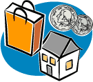 A shopping bag, a house, and some change.