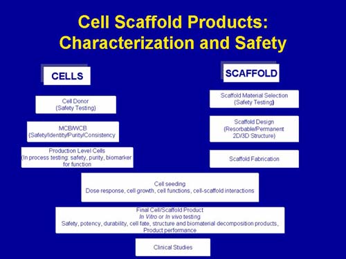 Flowchart showing steps to evaluate cell and scaffold component for cell scaffold product.
