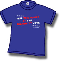 blue t-shirt reading feel the power of the disability vote