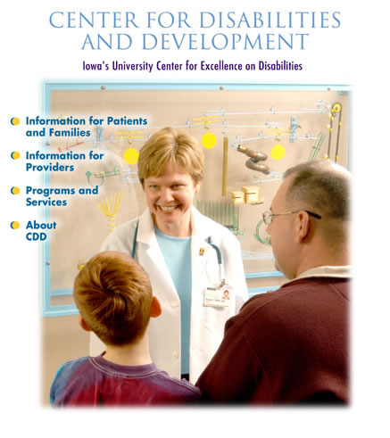 Physician talking to father and son.  Image has four links:  Information for Patients and Families, Information for Providers, Services and Programs, and About CDD