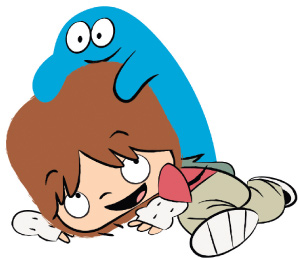 Illustrations of  a young child and a blue cartoon character smiling and wrestling.