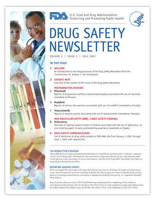 Small graphic of the Drug Safety Newsletter first issue cover including table of contents and  montage of doctor, patient, pills, and laboratory beakers.
