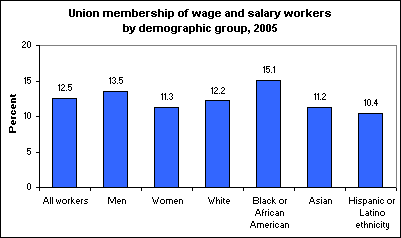 Union membership of wage and salary workers by demographic group, 2005