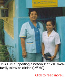 1) Photo of two filipino women standing in front of a well-family midwife clinic. Caption Reads: USAID is supporting a network of 210 well-family midwife clinics (WFMC). Click to read more... 
2) Photo of a filipino women sitting on the floor mediating. Caption Reads: USAID trains women as mediators to quickly resolve local family disputes (LADR). Click to read more...
3) Photo of a group of women and men ex-combatants standing in a corn field. Caption Reads: USAID has been working to reintegrate ex-combatants into peaceful occupations. Click to read more...
4) Photo of fiipino children sitting at a table doing school work in a poorly illuminated room. Caption Reads: USAID has been providing clean, renewable solar energy to 2,500 plus households in conflict  affected areas in Mindanao. Click to read more...
5) Photo of filipino women visiting the mangroves. Caption Reads: USAID's assistance has resulted in less pollution discharges and the reforestation of the mangrove swamps. Click to read more...
6) Photo of a gathering of women society groups to prevent trafficking of women and children. Caption Reads: USAID is working closely with the Philippine government in its anti-trafficking efforts. Click to read more...
7) Photo of filipino woman holding her baby. Caption Reads: Marlyn Canete has new confidence in her child's educational future because of the success of the cooperative. Click to read more...