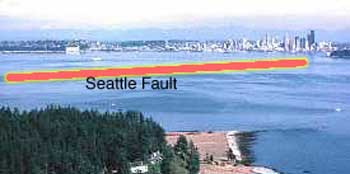 photo of Seattle skyline from west showing location of Seattle Fault cutting across water into the heart of Seattle