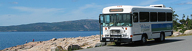 An Island Explorer bus waits to pick up passengers along the shoreline.