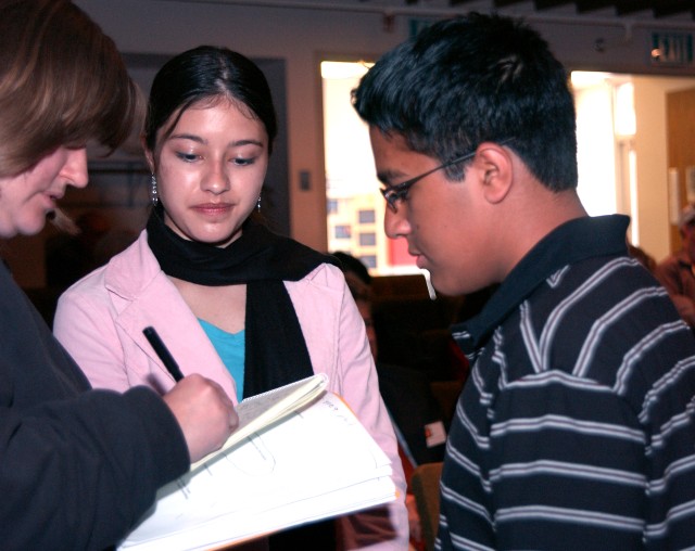 Baca and Shah are interviewed by Albuquerque Tribune science writer Sue Vorenberg at the Physics Building Auditorium at Technical Area 3 at the awards ceremony.