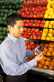 Using a personal digital assistant, nutritionist Vincent de Jesus tests the new nutrient database program.