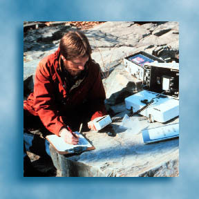 Geologist using GPS equipment to record sample locations, see <a href="http://www.usgs.nau.edu/gps/">Global Positioning System Data</a>
