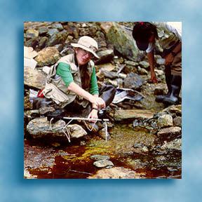 Geologist sampling surface algae in a stream, see <a href="http://minerals.er.usgs.gov/emrst/">Eastern Mineral Resources</a>
