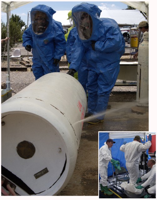 Personnel from Intel Corp.'s Albuquerque fabrication facility attempt to stop a leak from a cylinder. Team members are wearing personal protective equipment; the exercise is designed to test responders' skills with tools and materials for stopping leaks. Inset photo: Jared Thornburg, center, of the Farmington Fire Department prepares for decontamination after responding to a simulated hazardous materials emergency at a HAZMAT Challenge at Technical Area 49. At left is Jimmie Crawford, while at right is Joe Lesscher.