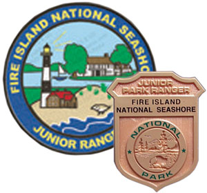 Image of Fire Island's multicolored Junior Ranger patch and gold plastic Junior Ranger badge.