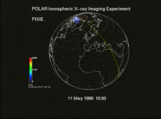 An animation of x-ray images of the North Pole on May 11, 1999 taken by the PIXIE instrument on Polar, indicating enegetic electron fluxes striking the upper atmosphere