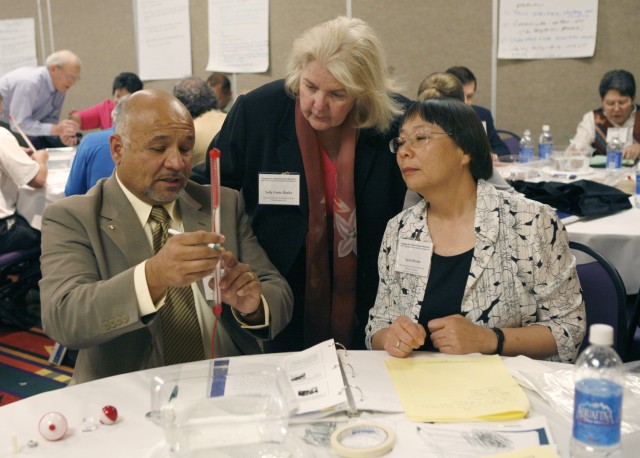 Lorenzo Gonzales, left of the Education and Postdoc Program Office holds a spring scale as part of a hands-on exercise on floating and sinking. After calibrating the scale, participants had to develop a strategy for using the spring scale to weigh a series of objects. Standing is Sally Goetz Shuler, executive director of the National Sciences Resources Center, co-sponsor with the Laboratory of the conference. At right is Carol Brown also of education programs. Gonzales and Brown are master teachers in the Lab's Math and Science Academy. 