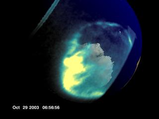 A snapshot of a high-intensity time in the storm.  The bright linear structure in the upper left is an artifact created by the edge of the instrument field-of-view.