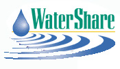 A white, oval shape logo, with the title WaterShare centered in green letters.  There is a blue drop of water and the title.