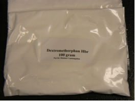 This picture shows a plastic bag of Dextromethorphan, which is labeled 