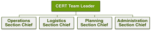 CERT organizational chart showing the CERT Leader in command position with the Operations, Logistics, Planning, and Administration Section Chiefs reporting to the CERT Leader.