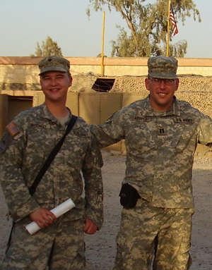 Jeff Reichelt , left, with Captain Steve Kosylo, the chaplain he is assisting in Iraq.
