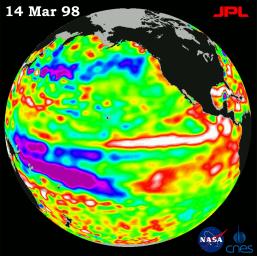 TOPEX/El Niño Watch - Satellite shows El Niño-related Sea Surface Height, Mar, 14, 1998