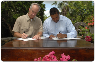Secretary of the Interior Dirk Kempthorne and USVI Governor John de Jongh.  At a press conferences on the islands of St. Croix and St. John, Kempthorne awarded more than $2.5 million in grants to the USVI from Interior’s Office of Insular Affairs.