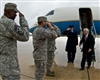 U.S. Air Force Brig. Gen. Leonard Patrick, Col. Eric Wilbur and Chief Master Sgt. Juan Lewis greet Defense Secretary Robert M. Gates upon his arrival at Kelly Air Force Base in San Antonio, Texas, July 24, 2008.  