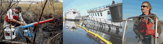 Warren Lorentz (USFWS) deploys bird hazing cannon following an oil spill; Oil Spill from a sunken tug boat as a result of Hurricane Katrina; Pete Tuttle (USFWS) conducts wildlife/hazardous materials recon mission following Hurricane Katrina
