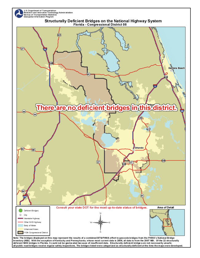 Florida (Congressional District 8) - There are no deficient bridges in this district. If you are a user with disability and cannot view this image, call 800-853-1351 or email answers@bts.gov.