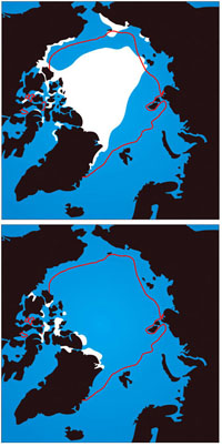 Los Alamos models predict a rapid decline in average September sea ice. The red boundary shows the 1990’s average. The white areas show the average ice coverage for 2010–2019 (top) and 2040–2049 (bottom).