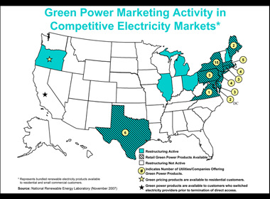 Map of National Green Power Marketing Activity in Competitive Electricity Markets. Click for a text representation of this image.