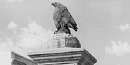 black and white photo of bronze eagle on top of limestone
