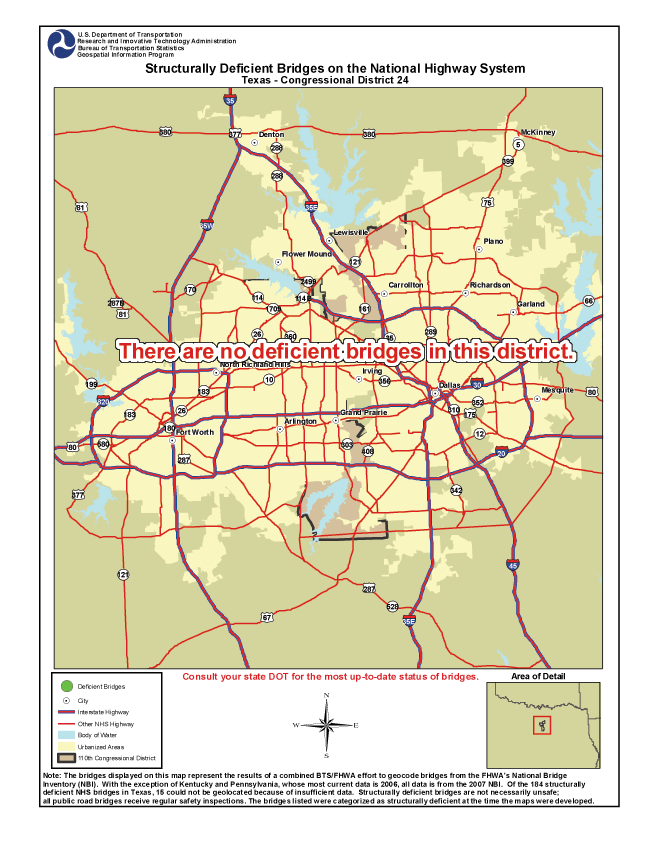 Texas (Congressional District 24) - There are no deficient bridges in this district. If you are a user with disability and cannot view this image, call 800-853-1351 or email answers@bts.gov.