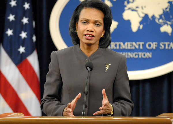 Secretary Rice briefs the press on upcoming trip to Asia, in the State Department Press Briefing Room.  State Department photo by Michael Gross.