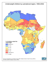 Download Percent Underweight Children by Subnational Region Africa 1992-2002 Map Below