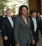 Secretary Rice at the prime ministers official residence in Tokyo on Oct. 19. Behind her is Ambassador J. Thomas Schieffer. 
